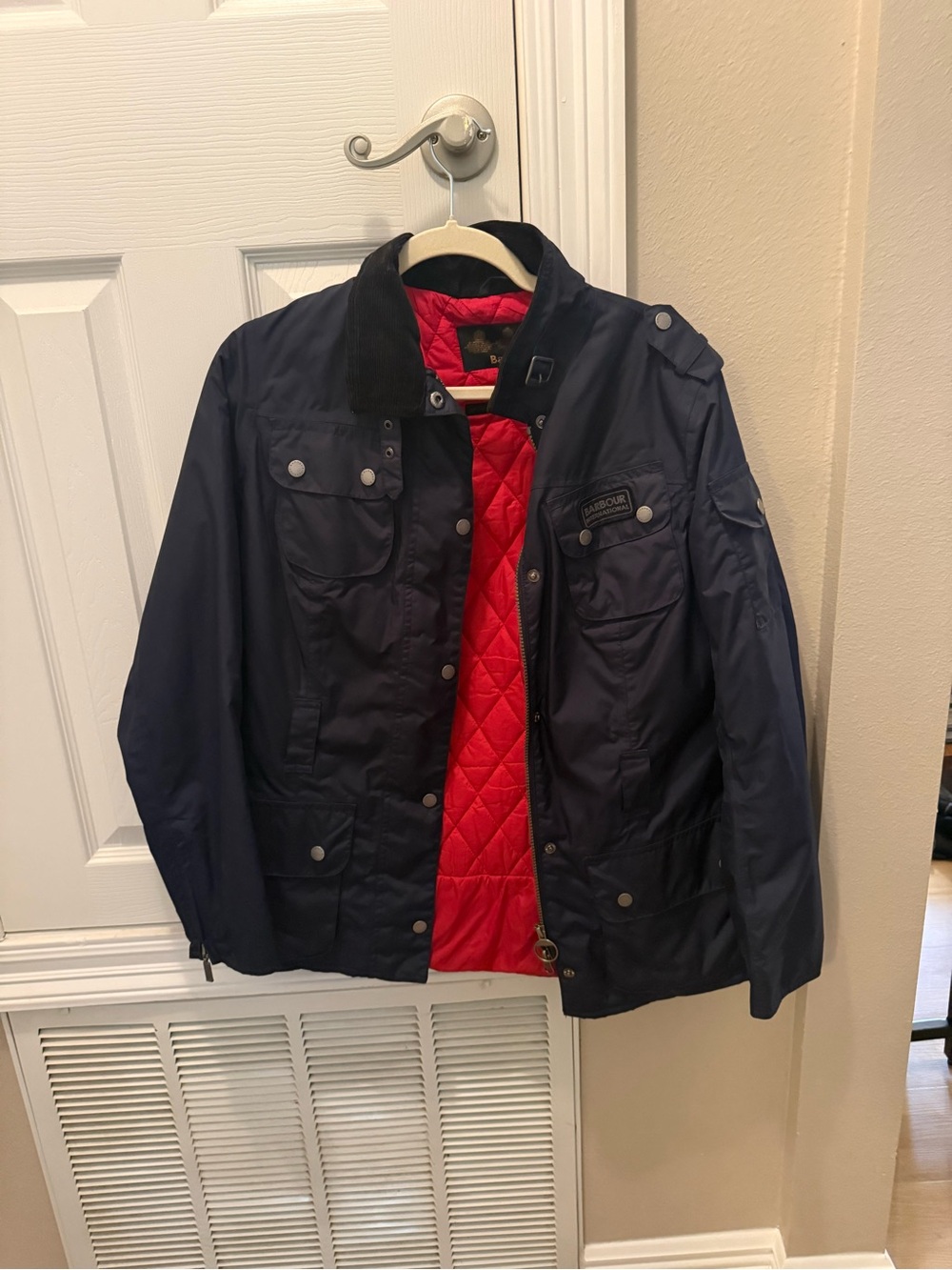 Barbour Navy Bomber Jacket with Red Quilted Lining